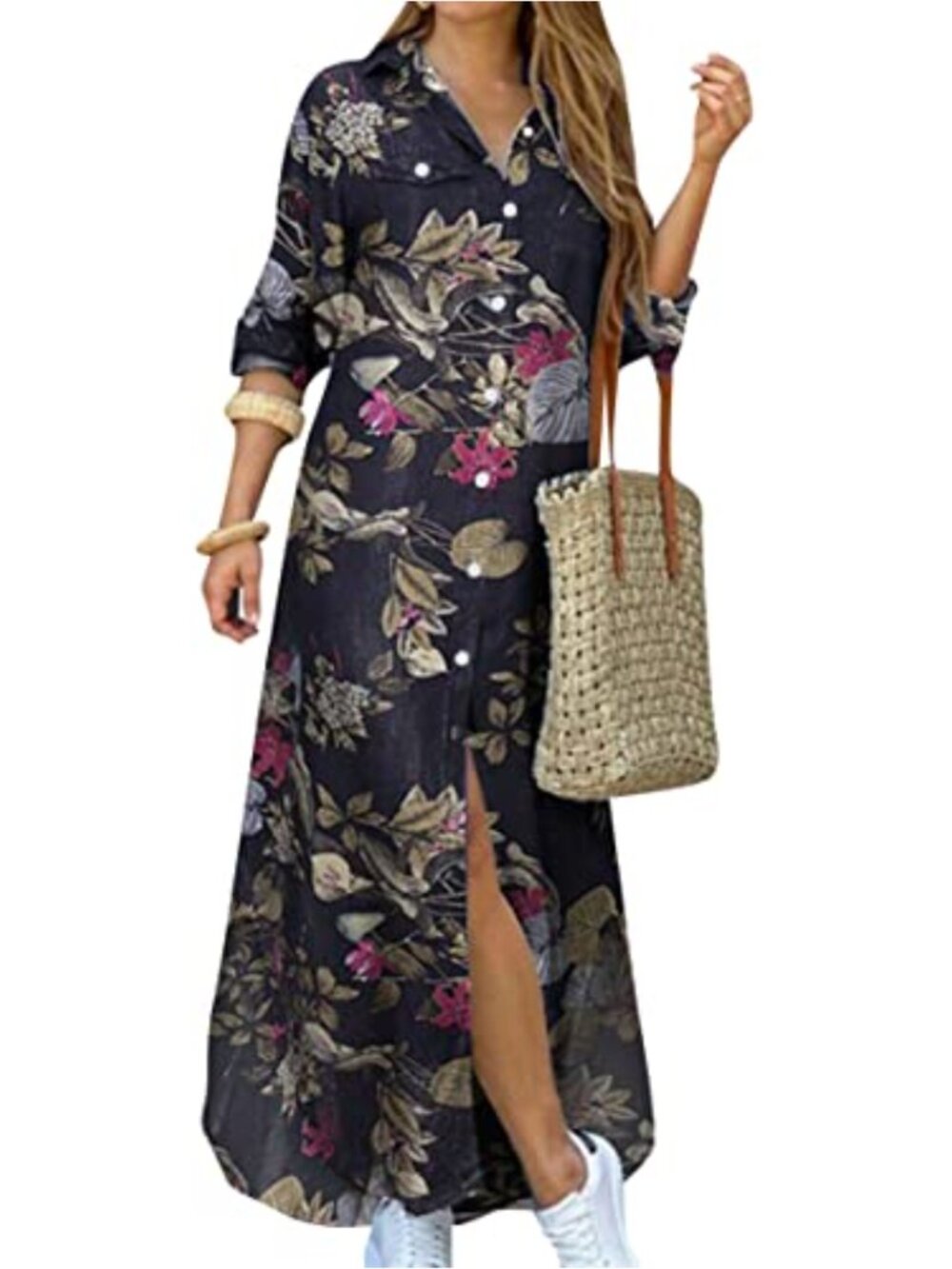 Loose Maxi Shirt Dress Button Down Lapel Long Sleeve Floral